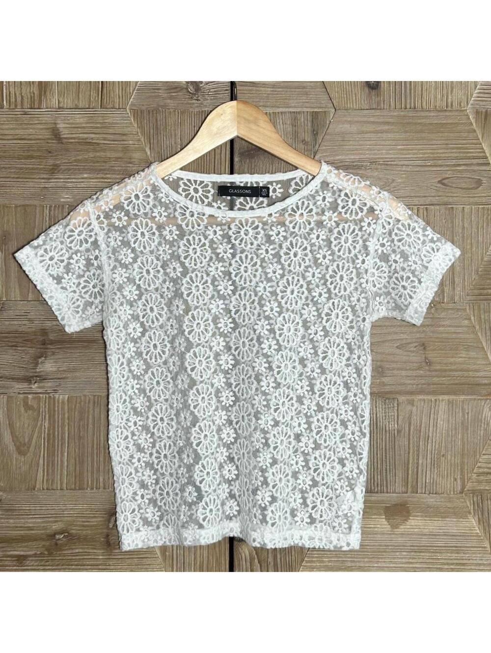 Glassons White Crochet Lace Knit Top Short Sleeve Size XS Sheer Boho Coquette